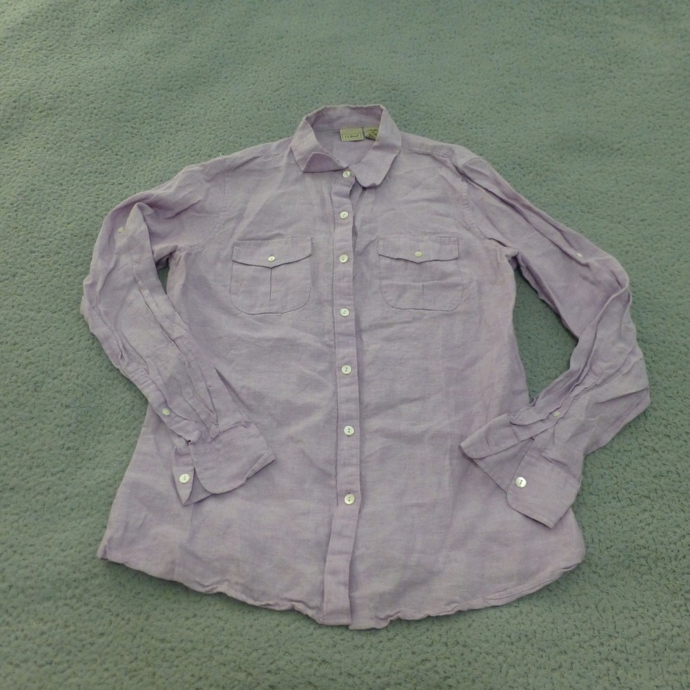 LL Bean Shirt Womens Medium Lavender Purple 100% Linen Roll Tab Button Down
